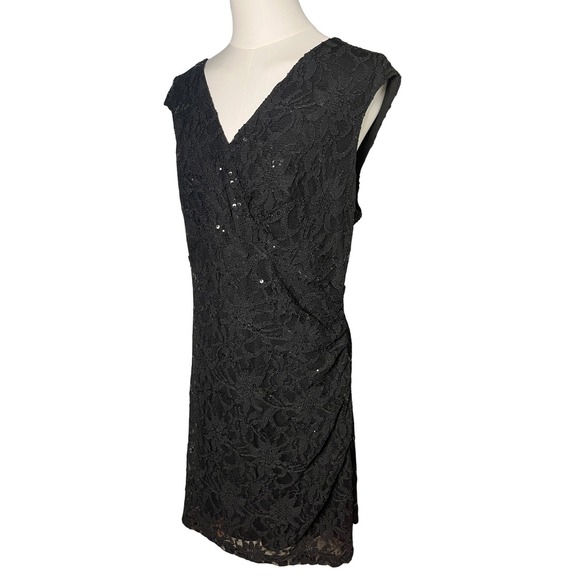 Black Lace Sequin Ruched Sheath Cocktail Evening Dress‎ Lauren Ralph Lauren 16W - Picture 2 of 11